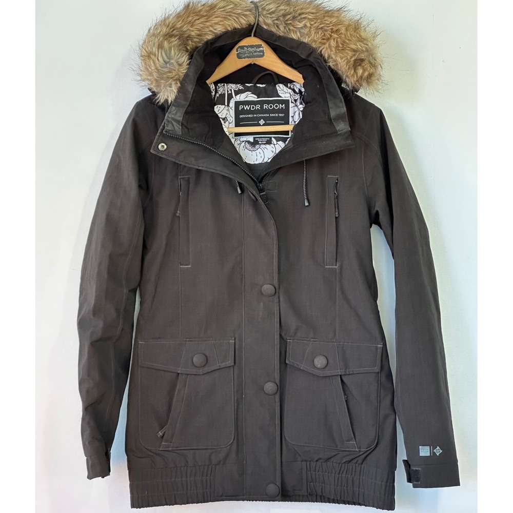 PWDR ROOM Parka Jacket Faux Fur Hood Insulated Womens S Excellent